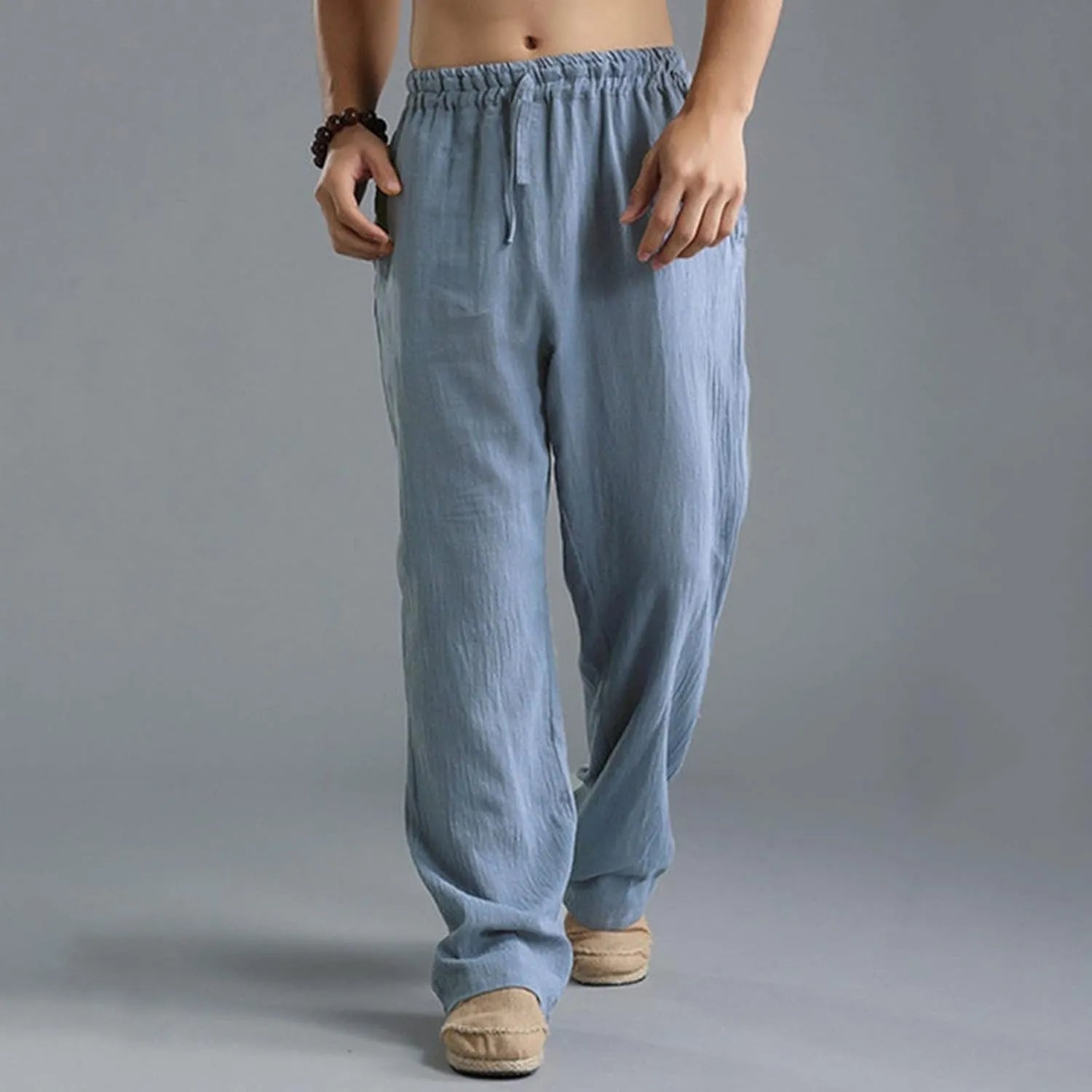 Linen Pants for Men Casual Relaxed Fit Lightweight Wide Leg Elastic Waist Breathable Pants Baggy Joggers