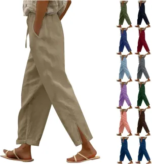 Linen Pants for Women 2025 Summer Elastic Drawstring Waist Straight Wide Leg Slit Trouser Causal Palazzo Fashion Pant