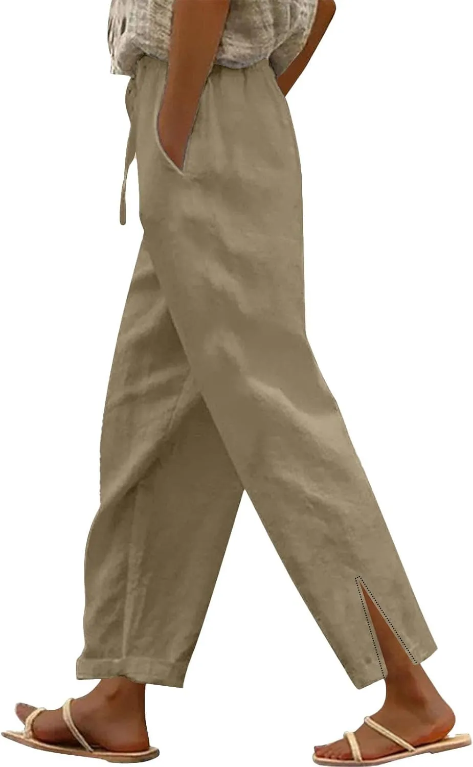 Linen Pants for Women 2025 Summer Elastic Drawstring Waist Straight Wide Leg Slit Trouser Causal Palazzo Fashion Pant