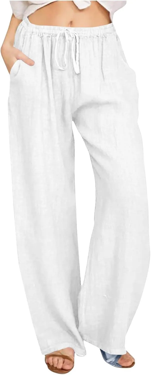 Linen Pants for Women Summer Wide Leg Casual Beach Trousers High Waisted Drawstring Palazzo Lounge Pants with Pockets