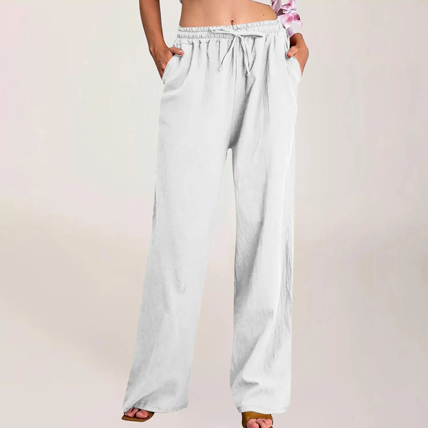 Linen Pants for Women Summer Wide Leg Casual Beach Trousers High Waisted Drawstring Palazzo Lounge Pants with Pockets