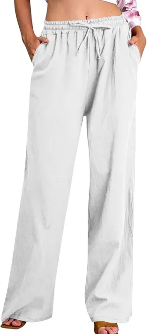 Linen Pants for Women Summer Wide Leg Casual Beach Trousers High Waisted Drawstring Palazzo Lounge Pants with Pockets