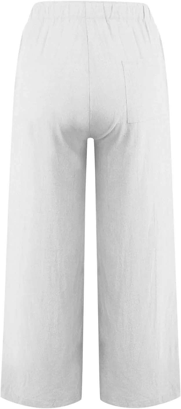 Linen Pants for Women Summer Wide Leg Casual Beach Trousers High Waisted Drawstring Palazzo Lounge Pants with Pockets