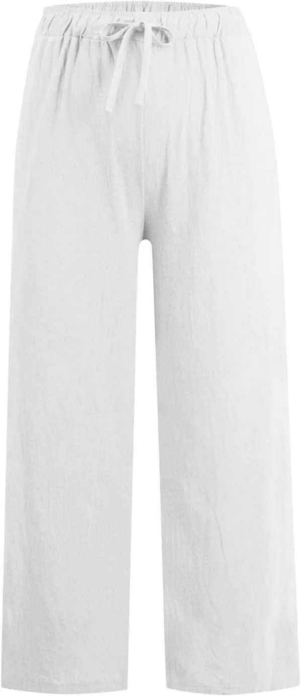 Linen Pants for Women Summer Wide Leg Casual Beach Trousers High Waisted Drawstring Palazzo Lounge Pants with Pockets