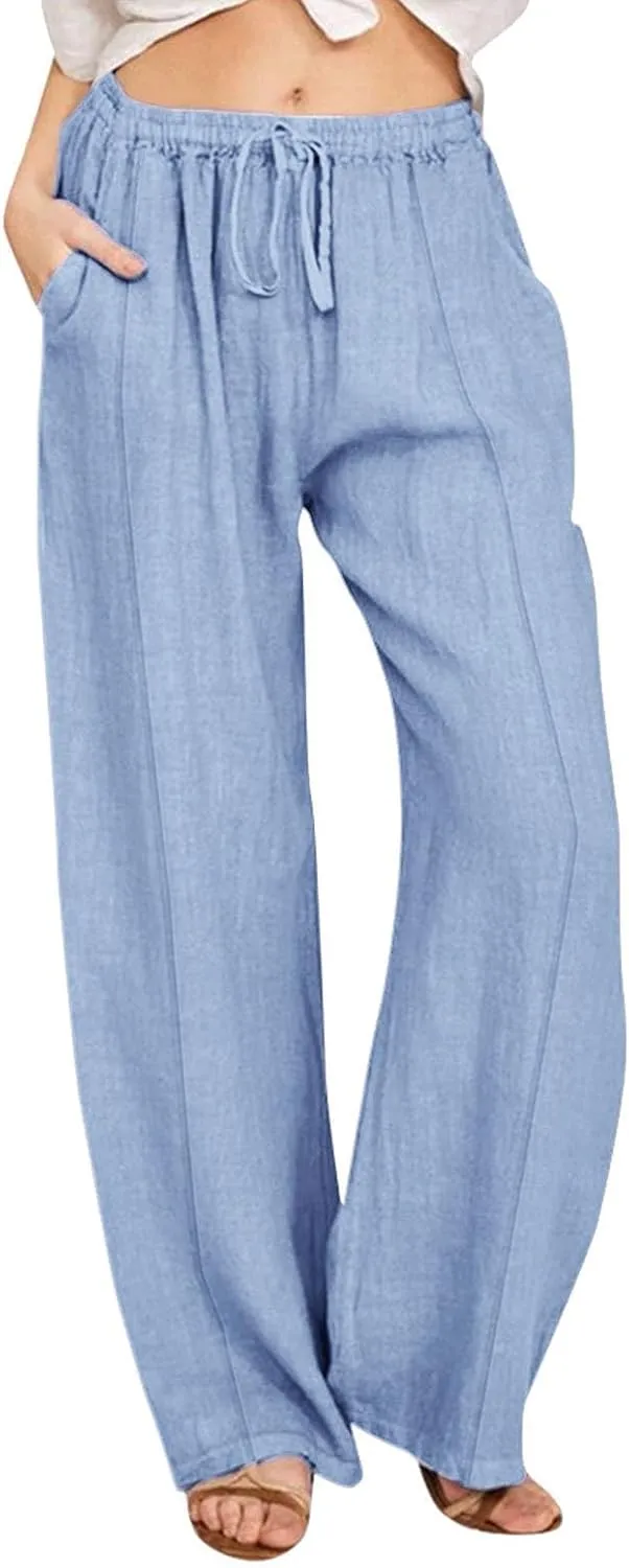 Linen Pants Women 2025 Summer Beach Lounge Palazzo Trousers Loose Elastic Plus Size Drawstring with Pockets Pants