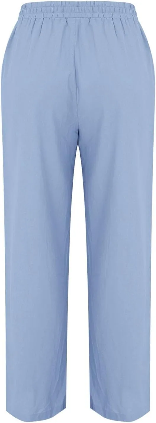 Linen Pants Women 2025 Summer Beach Lounge Palazzo Trousers Loose Elastic Plus Size Drawstring with Pockets Pants