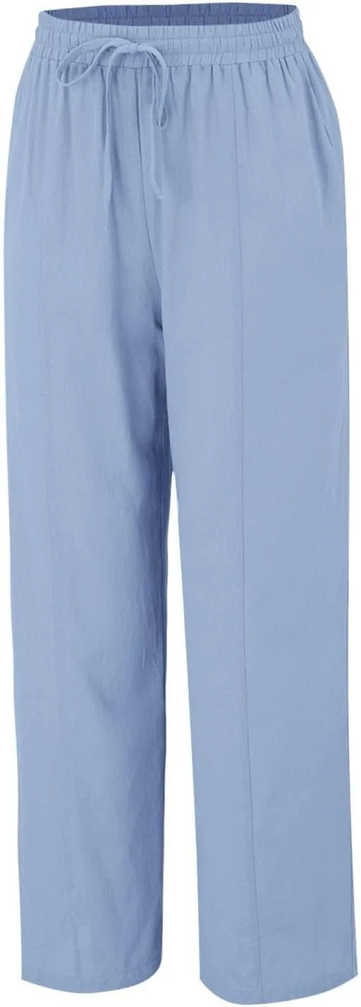 Linen Pants Women 2025 Summer Beach Lounge Palazzo Trousers Loose Elastic Plus Size Drawstring with Pockets Pants