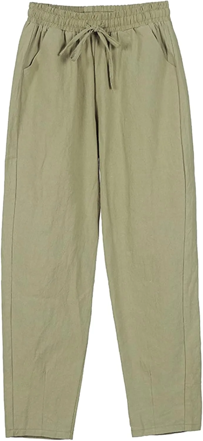 Linen Pants Women 2025 Summer Beach Lounge Palazzo Trousers Loose Elastic Plus Size Drawstring with Pockets