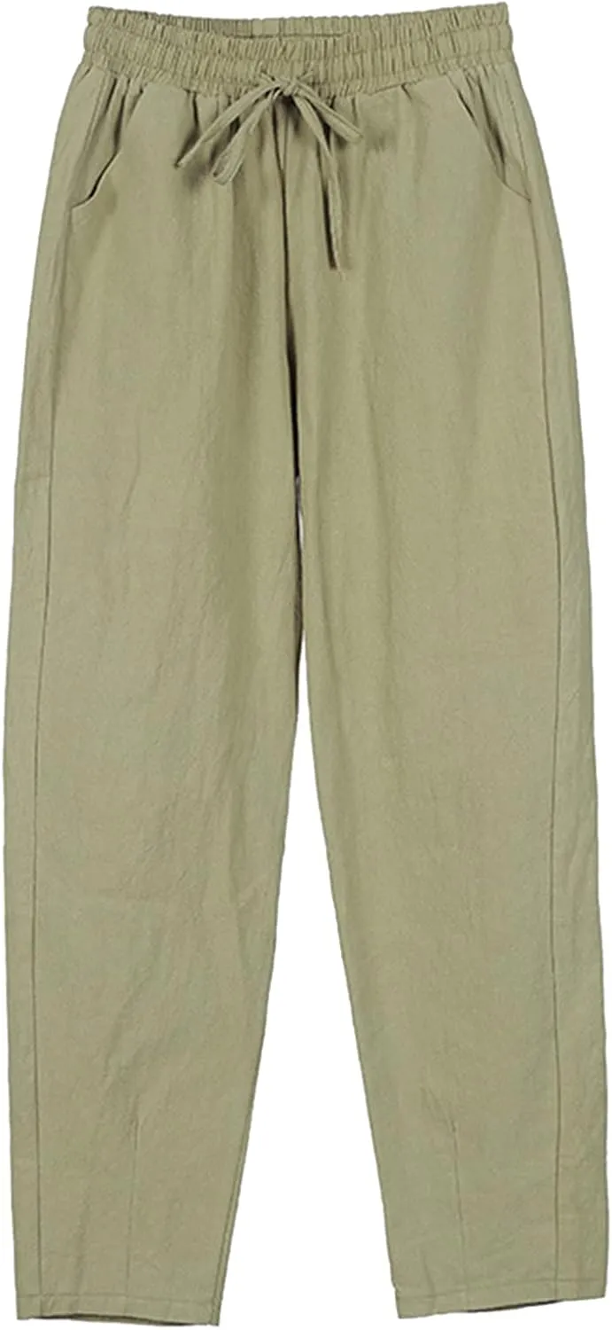 Linen Pants Women 2025 Summer Beach Lounge Palazzo Trousers Loose Elastic Plus Size Drawstring with Pockets