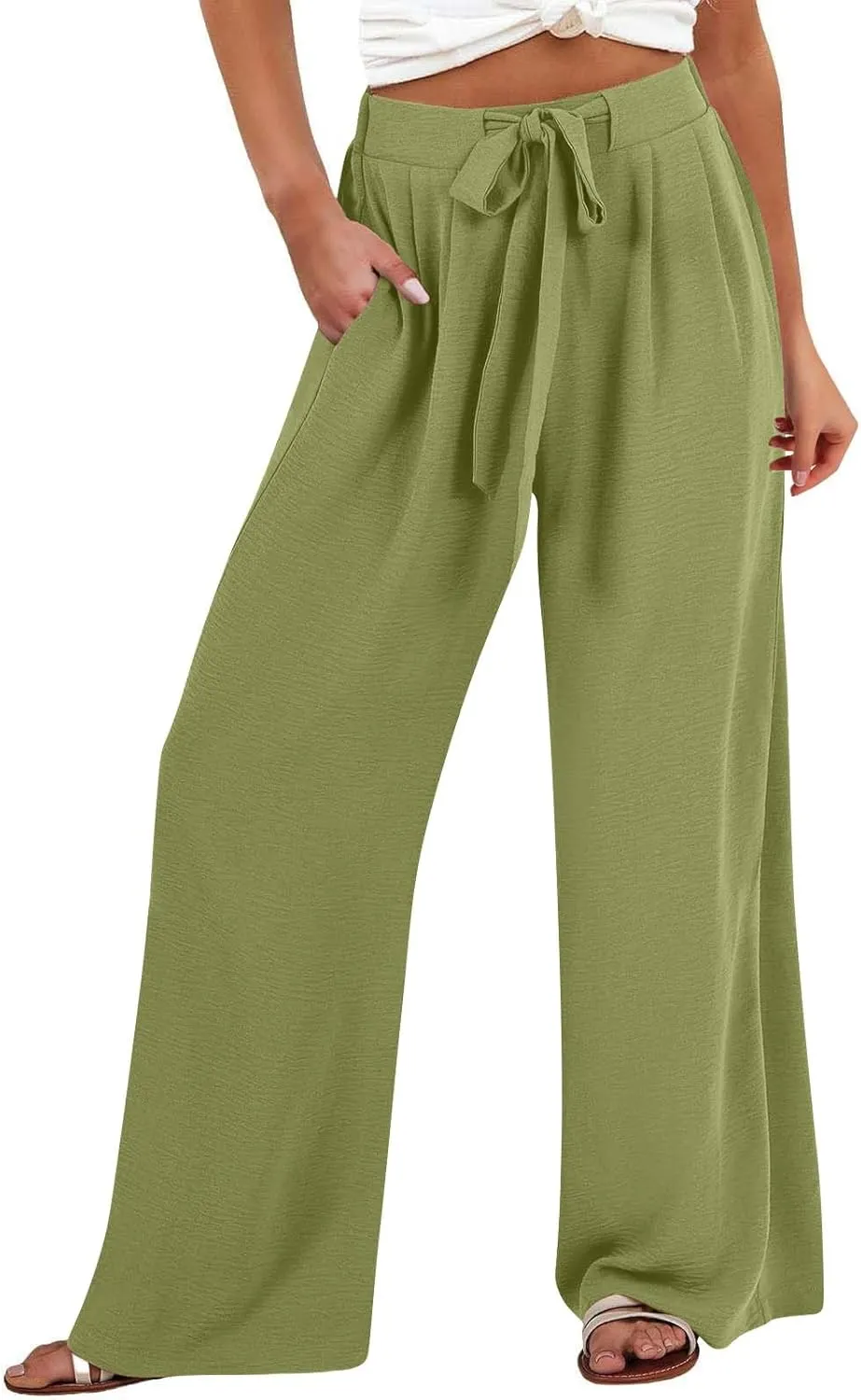 Linen Pants Women High Waisted Wide Leg Palazzo Pants Casual Loose Fit Flowy 2025 Summer Beach Trousers with Pockets