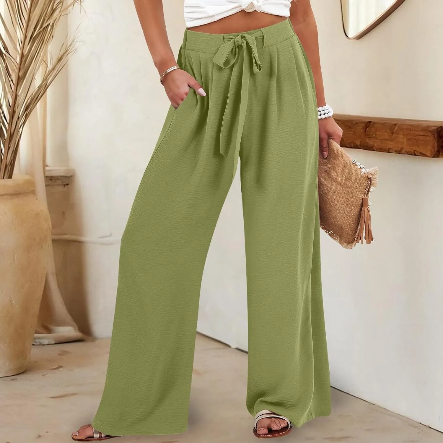 Linen Pants Women High Waisted Wide Leg Palazzo Pants Casual Loose Fit Flowy 2025 Summer Beach Trousers with Pockets