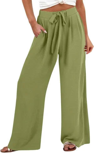 Linen Pants Women High Waisted Wide Leg Palazzo Pants Casual Loose Fit Flowy 2025 Summer Beach Trousers with Pockets