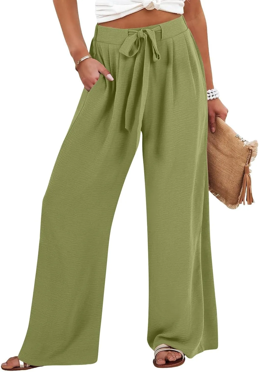 Linen Pants Women High Waisted Wide Leg Palazzo Pants Casual Loose Fit Flowy 2025 Summer Beach Trousers with Pockets