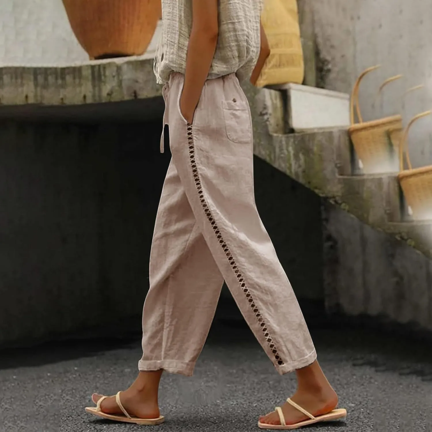 Linen Pants Women Summer Casual Drawstring Pants Petite Linen Pants for Women White Trouser Pants for Women Linen