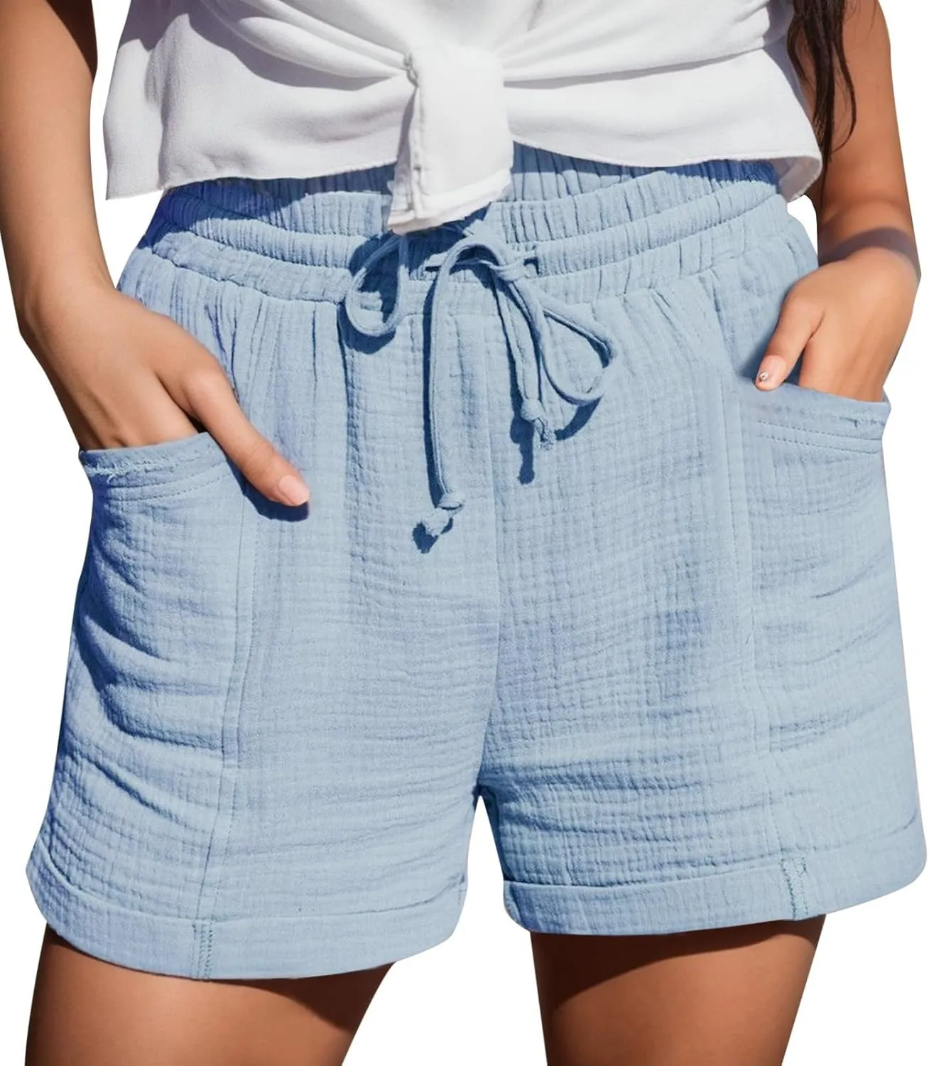 Linen Shorts for Women High Waisted Wide Leg Drawstring Casual Summer Beach Shorts Plus Size Cute Flowy Lounge Shorts