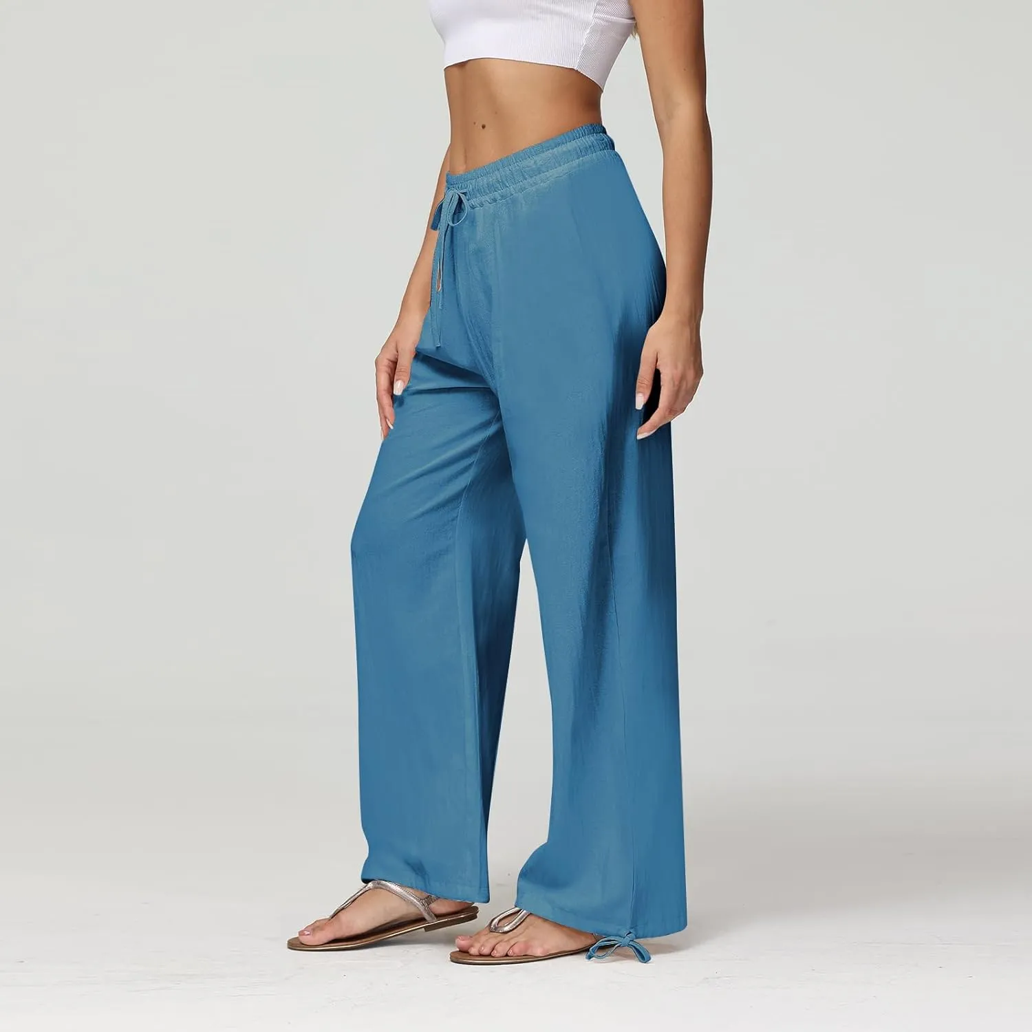 Linen Wide Leg Pants for Women Drawstring High Waisted Loose Fit Dress Pants Casual Work Pants Trouser with Pocket