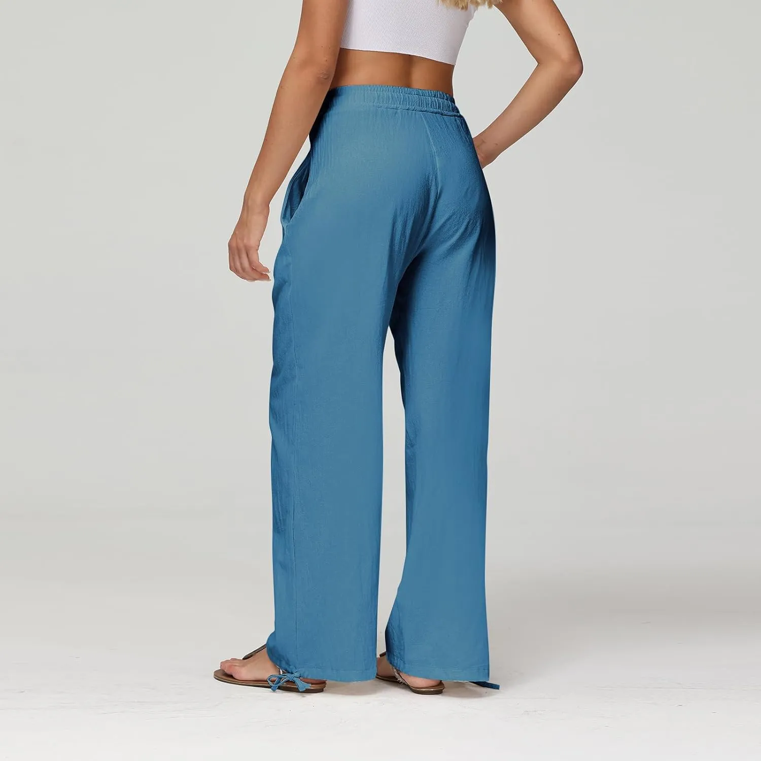 Linen Wide Leg Pants for Women Drawstring High Waisted Loose Fit Dress Pants Casual Work Pants Trouser with Pocket