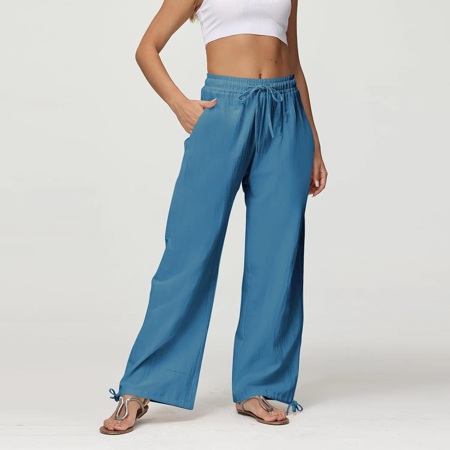 Linen Wide Leg Pants for Women Drawstring High Waisted Loose Fit Dress Pants Casual Work Pants Trouser with Pocket