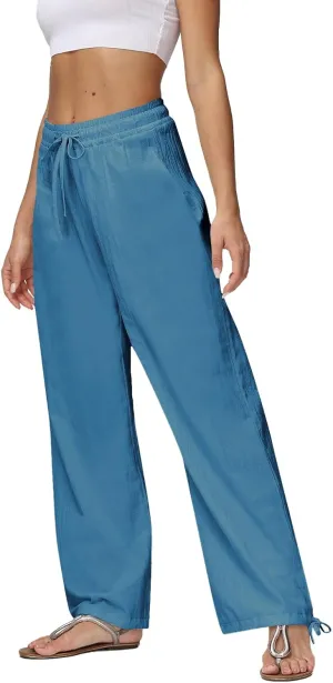 Linen Wide Leg Pants for Women Drawstring High Waisted Loose Fit Dress Pants Casual Work Pants Trouser with Pocket