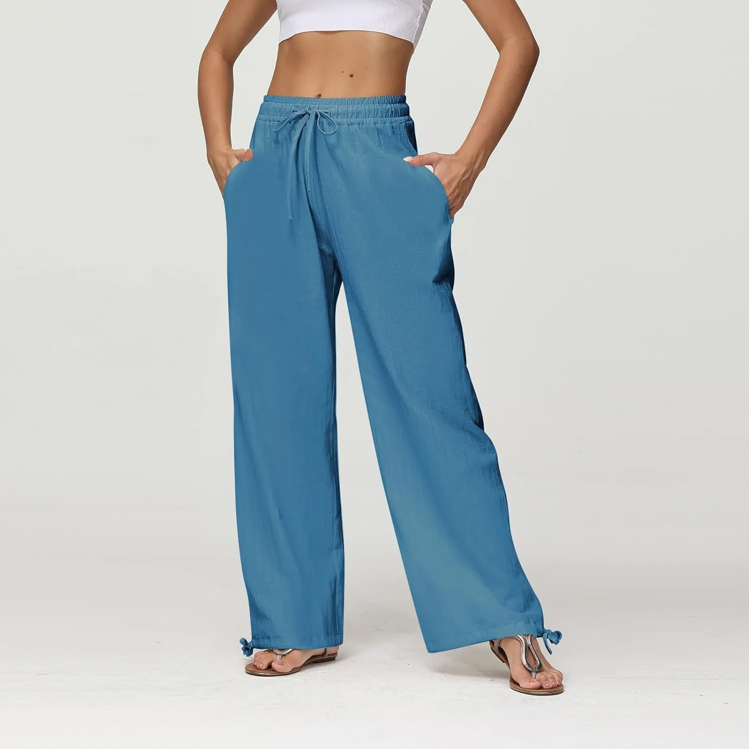 Linen Wide Leg Pants for Women Drawstring High Waisted Loose Fit Dress Pants Casual Work Pants Trouser with Pocket