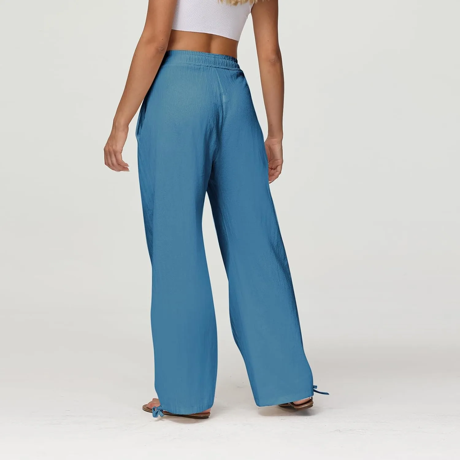 Linen Wide Leg Pants for Women Drawstring High Waisted Loose Fit Dress Pants Casual Work Pants Trouser with Pocket