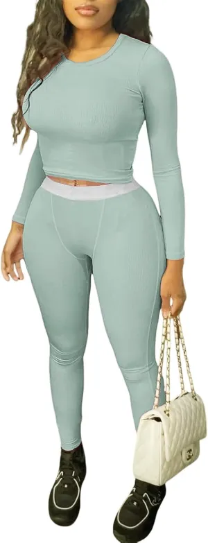 Lounge Wear Ribbed Casual 2 Piece Tracksuit Set Women Solid Skinny Long Sleeve O-Neck Top Elastic Leggings