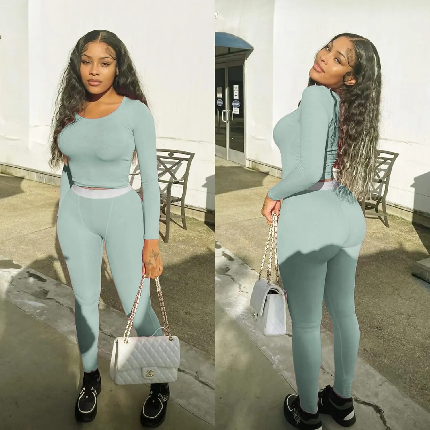 Lounge Wear Ribbed Casual 2 Piece Tracksuit Set Women Solid Skinny Long Sleeve O-Neck Top Elastic Leggings