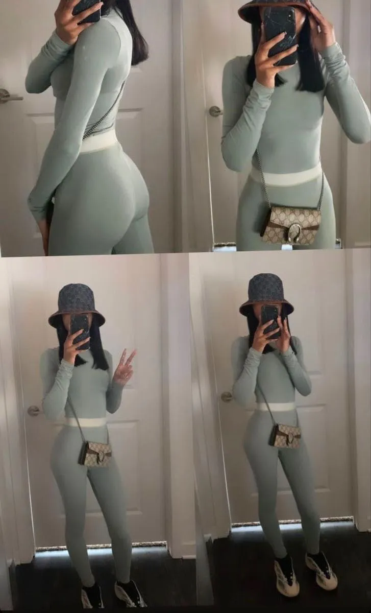 Lounge Wear Ribbed Casual 2 Piece Tracksuit Set Women Solid Skinny Long Sleeve O-Neck Top Elastic Leggings