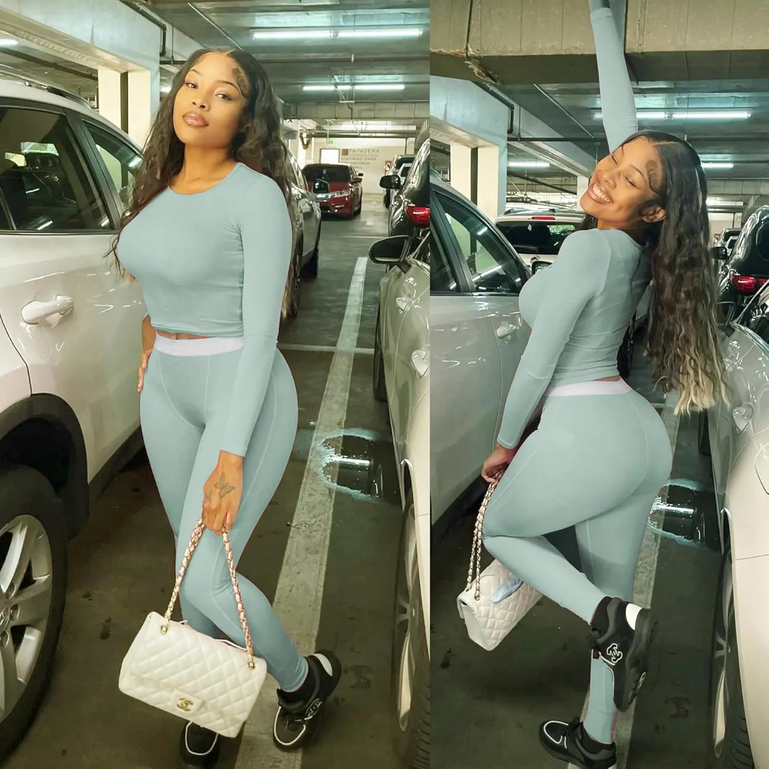 Lounge Wear Ribbed Casual 2 Piece Tracksuit Set Women Solid Skinny Long Sleeve O-Neck Top Elastic Leggings
