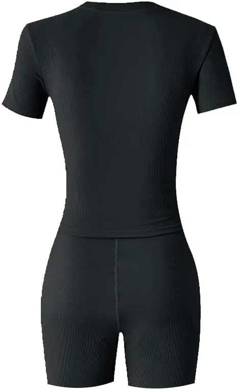 Lounge Wear Ribbed Casual 2 Piece Tracksuit Set Women Solid Skinny Short Sleeve O-Neck Top Mid Waist Elastic Leggings