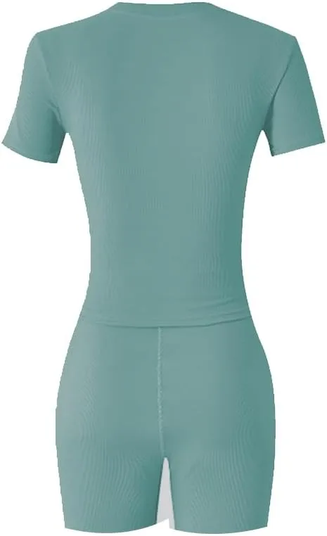 Lounge Wear Ribbed Casual 2 Piece Tracksuit Set Women Solid Skinny Short Sleeve O-Neck Top Mid Waist Elastic Leggings