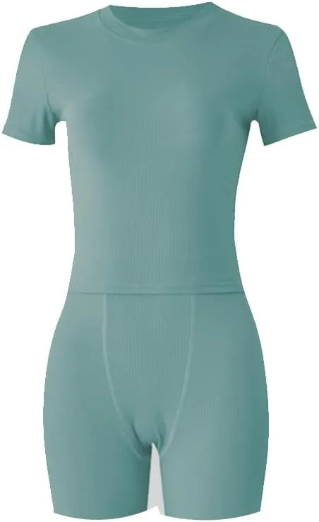 Lounge Wear Ribbed Casual 2 Piece Tracksuit Set Women Solid Skinny Short Sleeve O-Neck Top Mid Waist Elastic Leggings