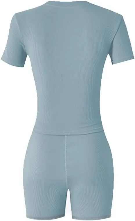 Lounge Wear Ribbed Casual 2 Piece Tracksuit Set Women Solid Skinny Short Sleeve O-Neck Top Mid Waist Elastic Leggings