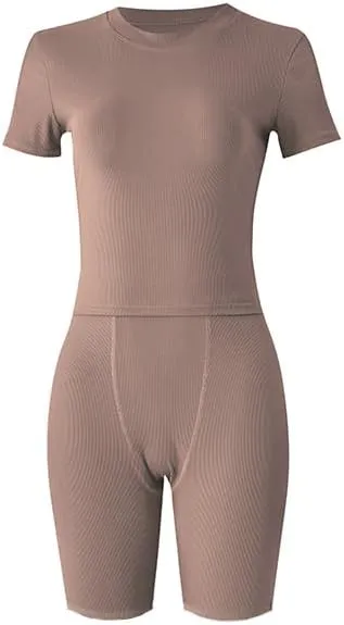 Lounge Wear Ribbed Casual 2 Piece Tracksuit Set Women Solid Skinny Short Sleeve O-Neck Top Mid Waist Elastic Leggings