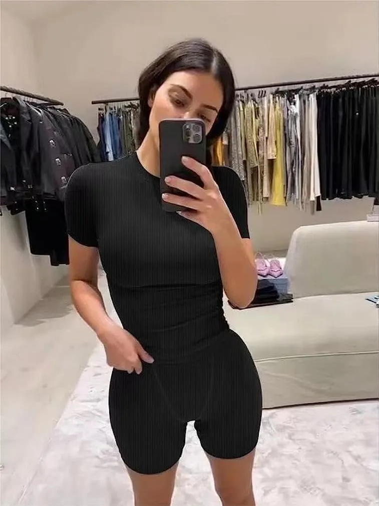 Lounge Wear Ribbed Casual 2 Piece Tracksuit Set Women Solid Skinny Short Sleeve O-Neck Top Mid Waist Elastic Leggings