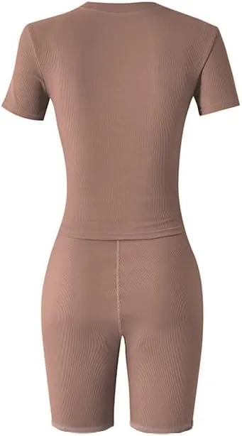 Lounge Wear Ribbed Casual 2 Piece Tracksuit Set Women Solid Skinny Short Sleeve O-Neck Top Mid Waist Elastic Leggings
