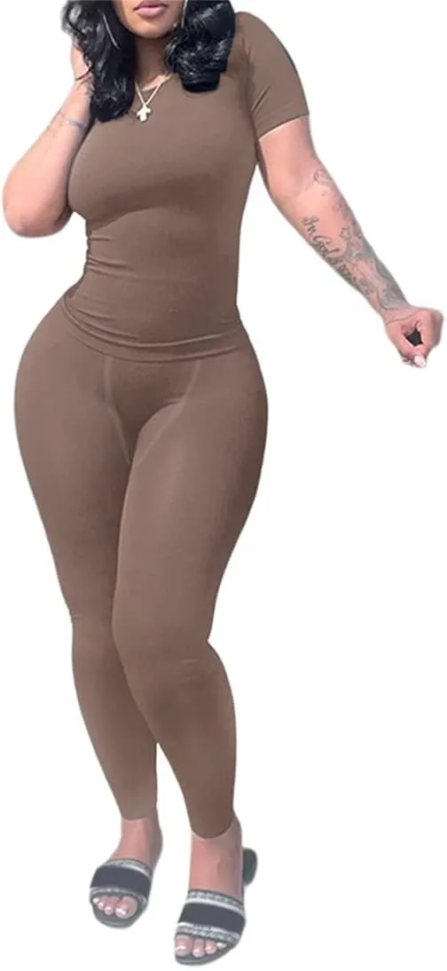Lounge Wear Ribbed Casual 2 Piece Tracksuit Set Women Solid Skinny Short Sleeve O-Neck Top Mid Waist Elastic Leggings