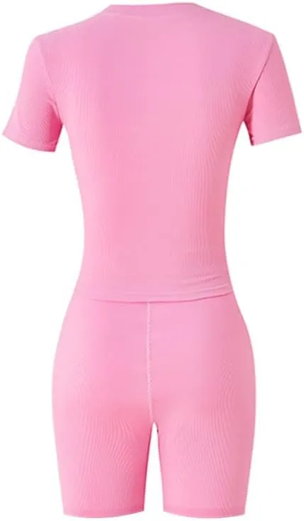 Lounge Wear Ribbed Casual 2 Piece Tracksuit Set Women Solid Skinny Short Sleeve O-Neck Top Mid Waist Elastic Leggings