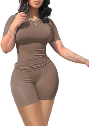Lounge Wear Ribbed Casual 2 Piece Tracksuit Set Women Solid Skinny Short Sleeve O-Neck Top Mid Waist Elastic Leggings