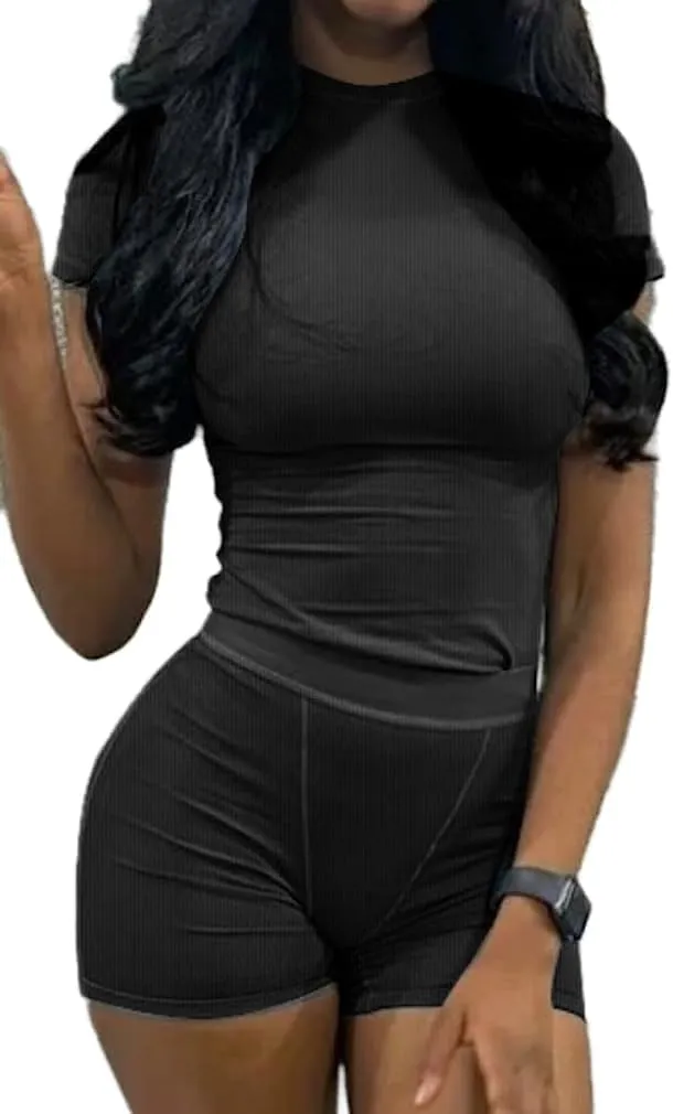 Lounge Wear Ribbed Casual 2 Piece Tracksuit Set Women Solid Skinny Short Sleeve O-Neck Top Mid Waist Elastic Leggings