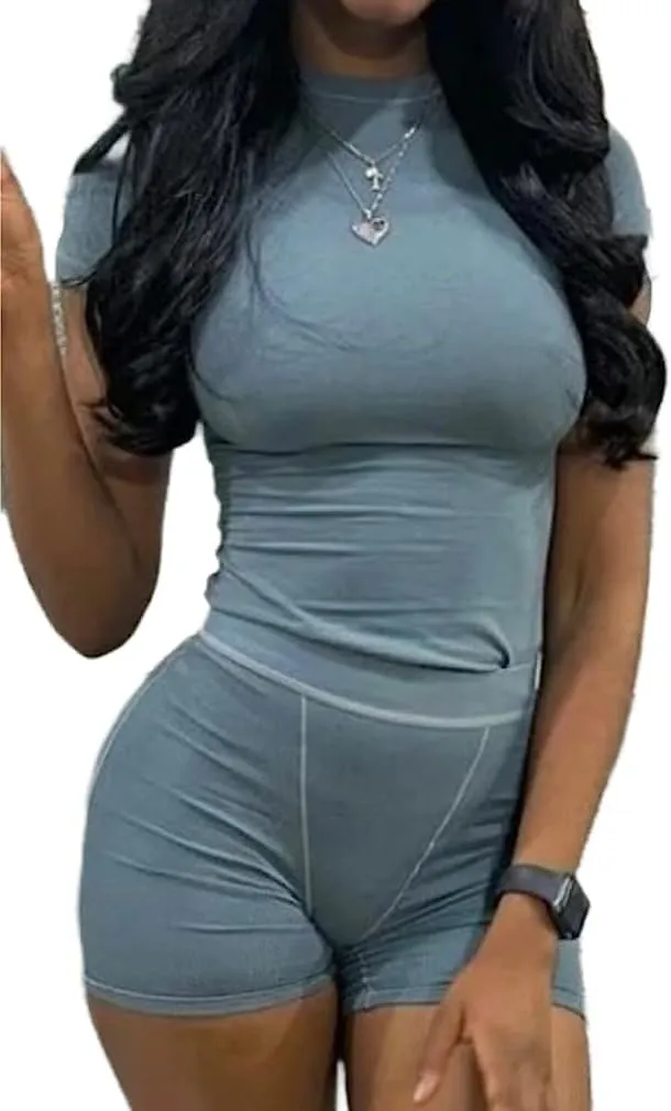 Lounge Wear Ribbed Casual 2 Piece Tracksuit Set Women Solid Skinny Short Sleeve O-Neck Top Mid Waist Elastic Leggings