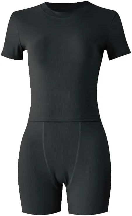 Lounge Wear Ribbed Casual 2 Piece Tracksuit Set Women Solid Skinny Short Sleeve O-Neck Top Mid Waist Elastic Leggings