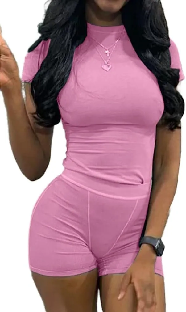 Lounge Wear Ribbed Casual 2 Piece Tracksuit Set Women Solid Skinny Short Sleeve O-Neck Top Mid Waist Elastic Leggings
