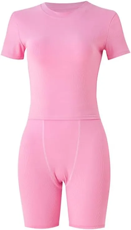 Lounge Wear Ribbed Casual 2 Piece Tracksuit Set Women Solid Skinny Short Sleeve O-Neck Top Mid Waist Elastic Leggings