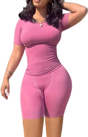 Lounge Wear Ribbed Casual 2 Piece Tracksuit Set Women Solid Skinny Short Sleeve O-Neck Top Mid Waist Elastic Leggings