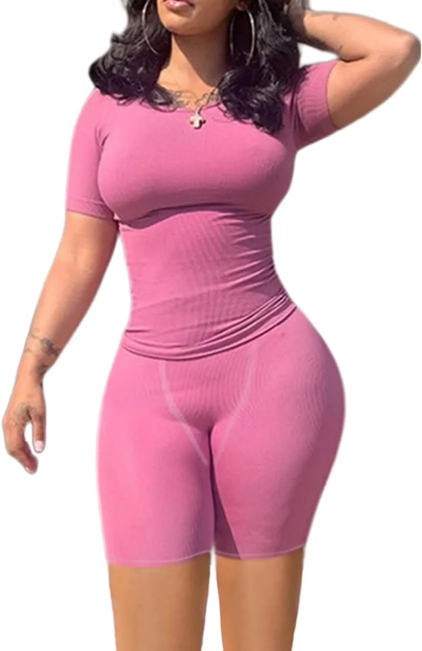 Lounge Wear Ribbed Casual 2 Piece Tracksuit Set Women Solid Skinny Short Sleeve O-Neck Top Mid Waist Elastic Leggings