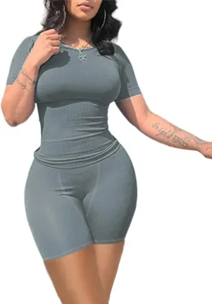 Lounge Wear Ribbed Casual 2 Piece Tracksuit Set Women Solid Skinny Short Sleeve O-Neck Top Mid Waist Elastic Leggings