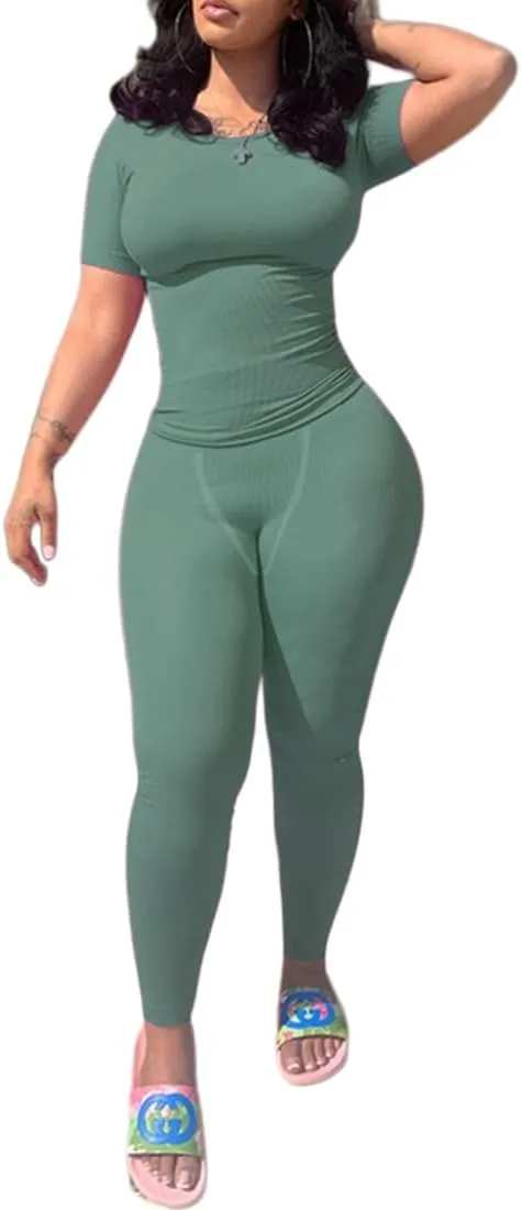 Lounge Wear Ribbed Casual 2 Piece Tracksuit Set Women Solid Skinny Short Sleeve O-Neck Top Mid Waist Elastic Leggings