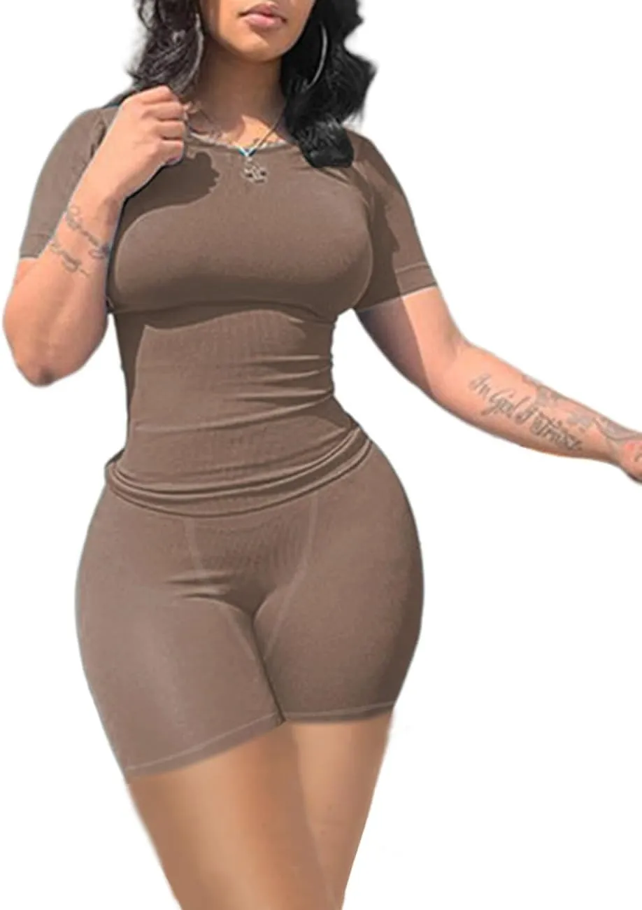 Lounge Wear Ribbed Casual 2 Piece Tracksuit Set Women Solid Skinny Short Sleeve O-Neck Top Mid Waist Elastic Leggings