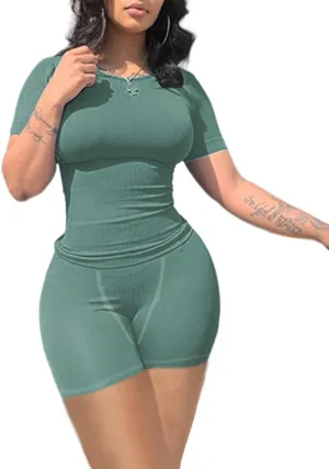 Lounge Wear Ribbed Casual 2 Piece Tracksuit Set Women Solid Skinny Short Sleeve O-Neck Top Mid Waist Elastic Leggings